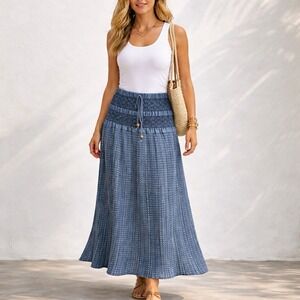 Tantrums Blue Chambray DeniMaxi Boho Cowgirl Western Smocked Textured Skirt XL